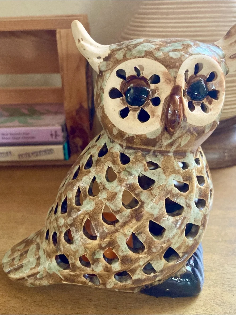 Vintage 70s MCM Ceramic Owl Tea Light Holder